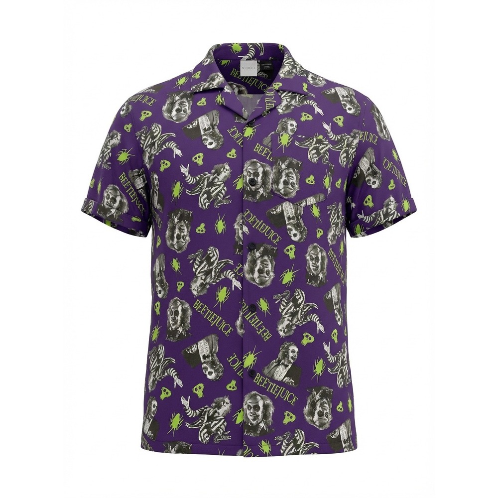 Beetlejuice Mens Purple All Over Print Short Sleeve Button Down Shirt Small NWT